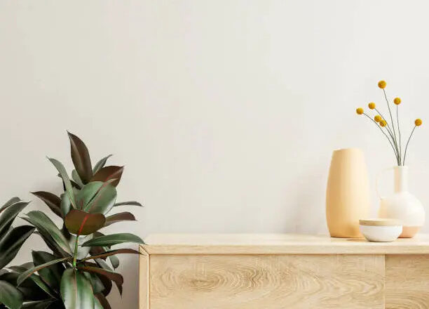 Wall mockup with Vase and green plant,White wall and shelf.3D rendering
